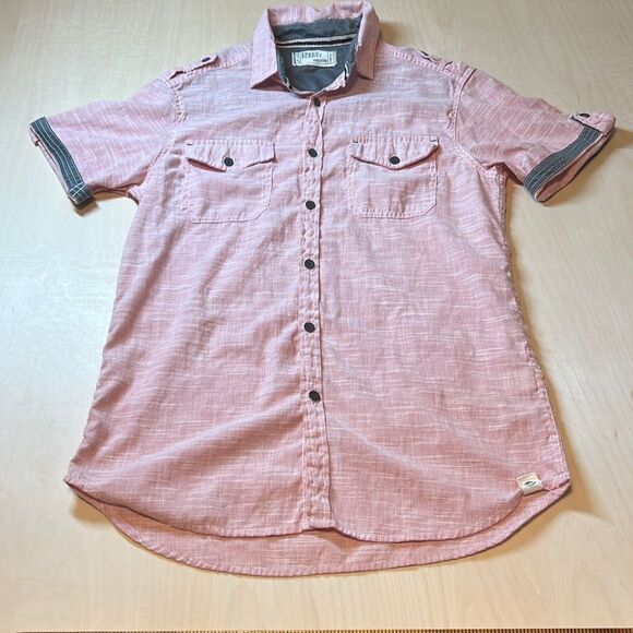 Free Planet Button Up Shirt Adult Medium Red and Grey‎ Short Sleeve Mens - Picture 1 of 4
